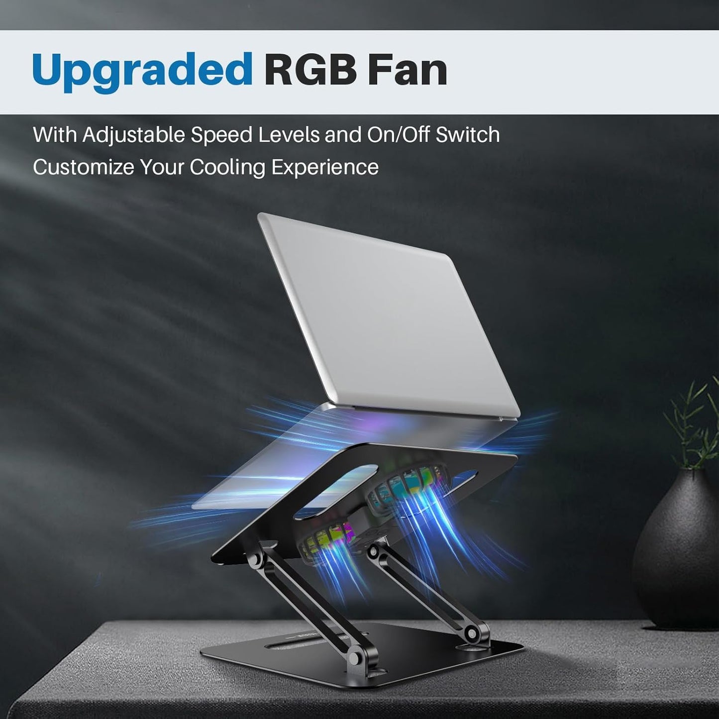 YICOSUN Adjustable Laptop Cooling Stand with 2 Quiet Fans & RGB Lighting, Aluminum Alloy & Foldable Ergonomic Design for MacBook, Lenovo, ASUS, Dell 10-16 Inch, Perfect for Gaming, DJ, Office - Silver