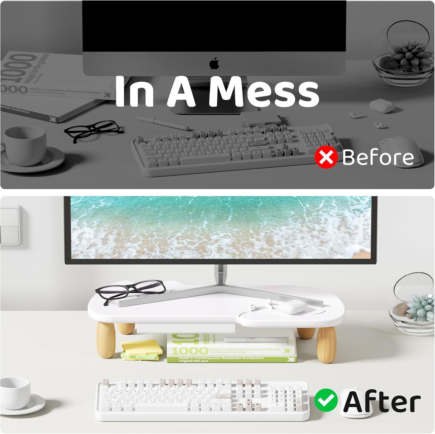 AFOOYO Monitor Stand Riser, Cookie-Shaped Sturdy Wood Computer Monitor Stand for Desk, Ergonomic Desk Stand, Multi-Purpose Desktop Organizer Riser for Computer, Laptop, Printer, TV,White