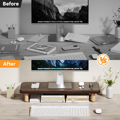Monitor Stand Riser, 24 Inch Wood Desk Organizer with Monitor Stand & Storage Computer Monitor and Laptop Riser Multifunctional Laptop Stand Desk Organizer for Office Home Screen/Laptop/PC (Light Walnut)