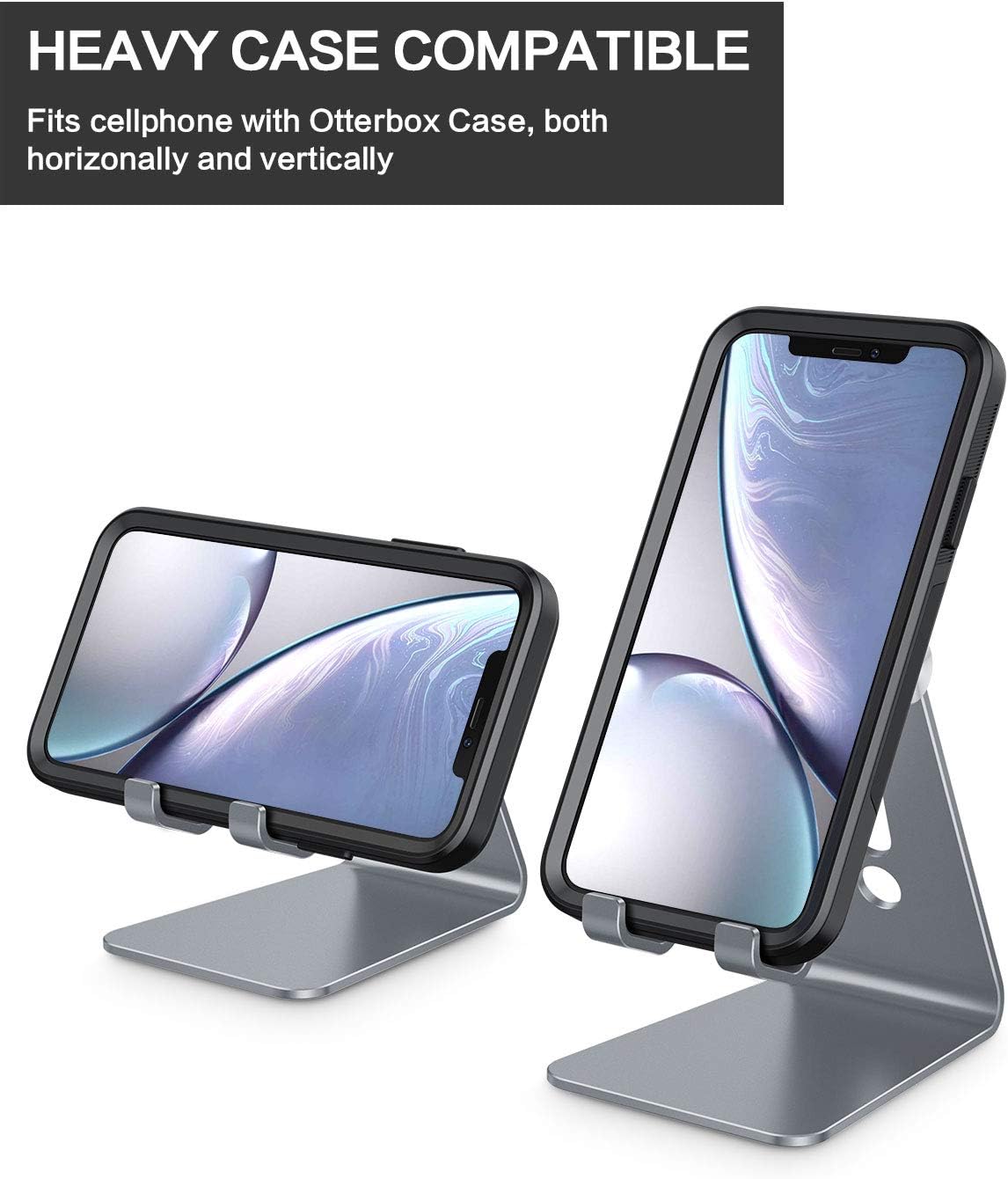 Adjustable Cell Phone Stand, OMOTON Aluminum Desktop Cellphone Stand with Anti-Slip Base and Convenient Charging Port, Fits All Smart Phones, Silver