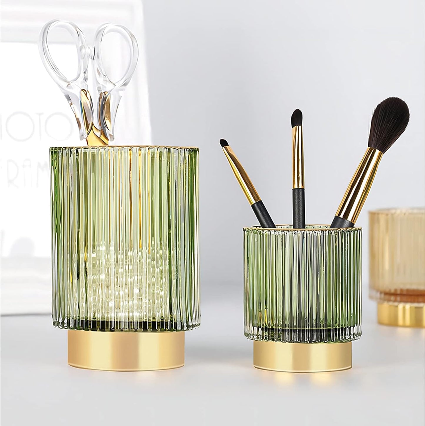 DASITON Makeup Brush holder Organizer,Crystal Cosmetic Makeup Brush Glass Brushes Storage Holder, Vintage Make Up Brush Cup Pen Pencil Holder striped vase(Coffee S)