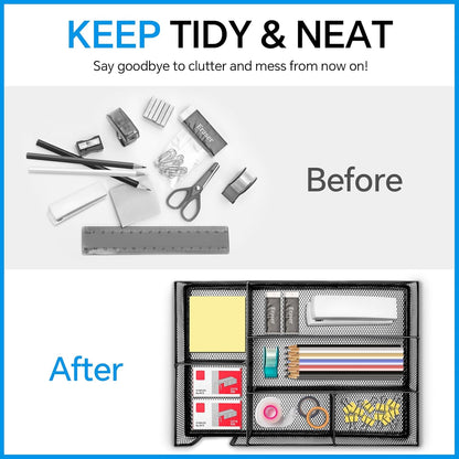 Desk Drawer Organizer, Office Drawer Divider Organizer Tray with 6 Compartments, Metal Mesh Desktop Organization and Accessories for Stationery Makeup Kitchen Toolroom School ＆Office, 12.6x8.27x1.6 in