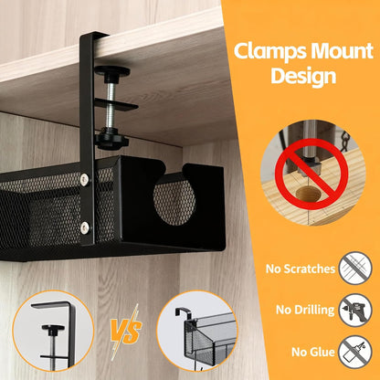 Under Desk Cable Management Tray – No Drill Metal Mesh Cord Organizer for Home Office & Standing, Adjustable Wire Organizer, Space-Saving Desk Tray (Black)