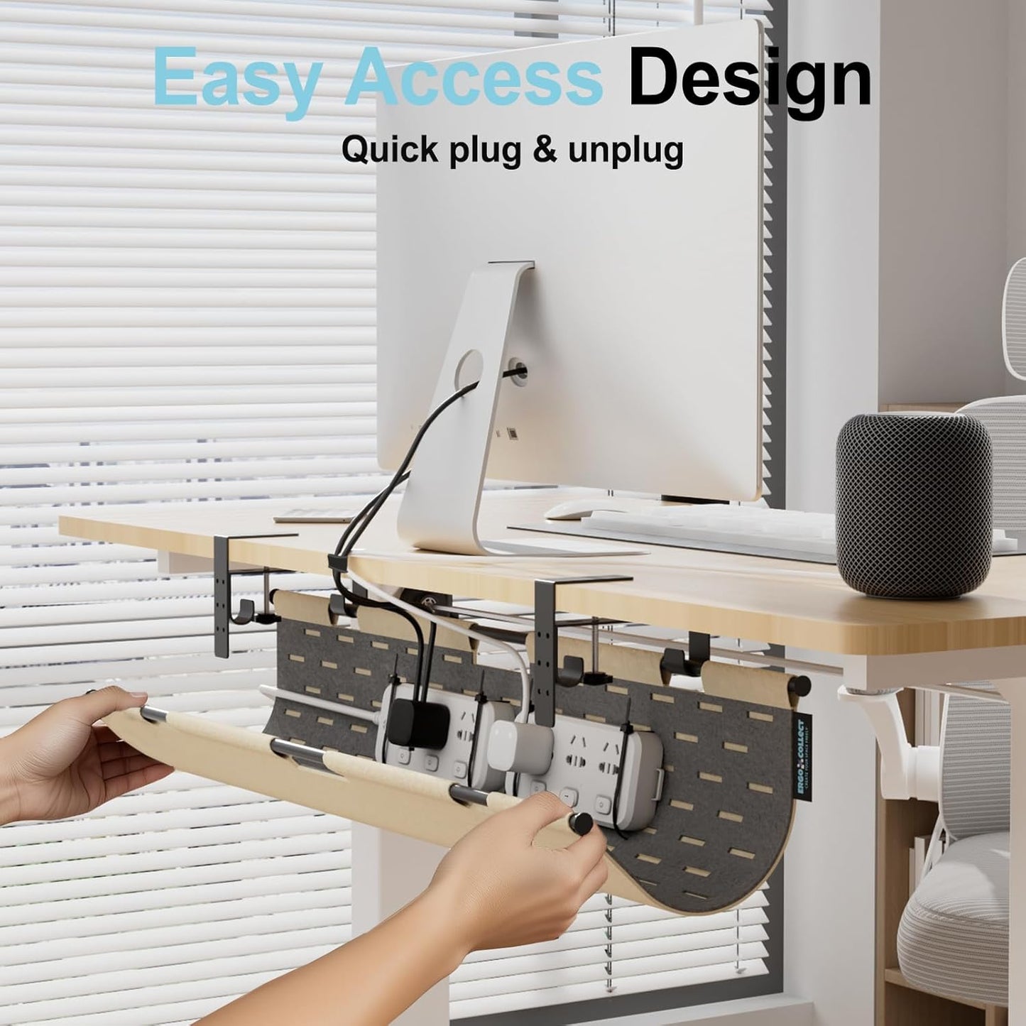 2-in-1 Under Desk Cable Management Tray & Privacy Panel, Dual-Sided Thick Felt Cord Organizer with 20 Cable Ties,Heavy Duty Steel Frame Support, No-Drill Clamp Mount,Large Capacity (Khaki/Gray, 45.2")
