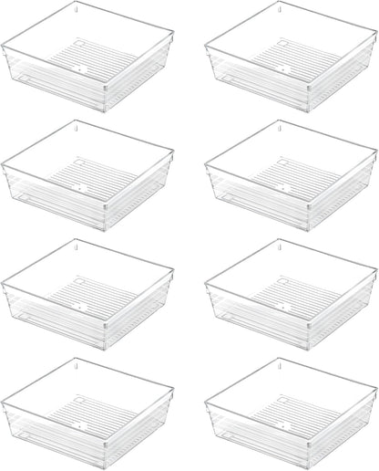4 Pack 12"x 6" Large Size Clear Plastic Desk Drawer Organizer Tray Bathroom Office Kitchen Utensils Silverware Gadgets Dividers Desk Drawer Storage Bins Container for Dresser Cosmetic Makeup
