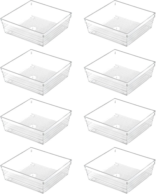 4 Pack 12"x 6" Large Size Clear Plastic Desk Drawer Organizer Tray Bathroom Office Kitchen Utensils Silverware Gadgets Dividers Desk Drawer Storage Bins Container for Dresser Cosmetic Makeup