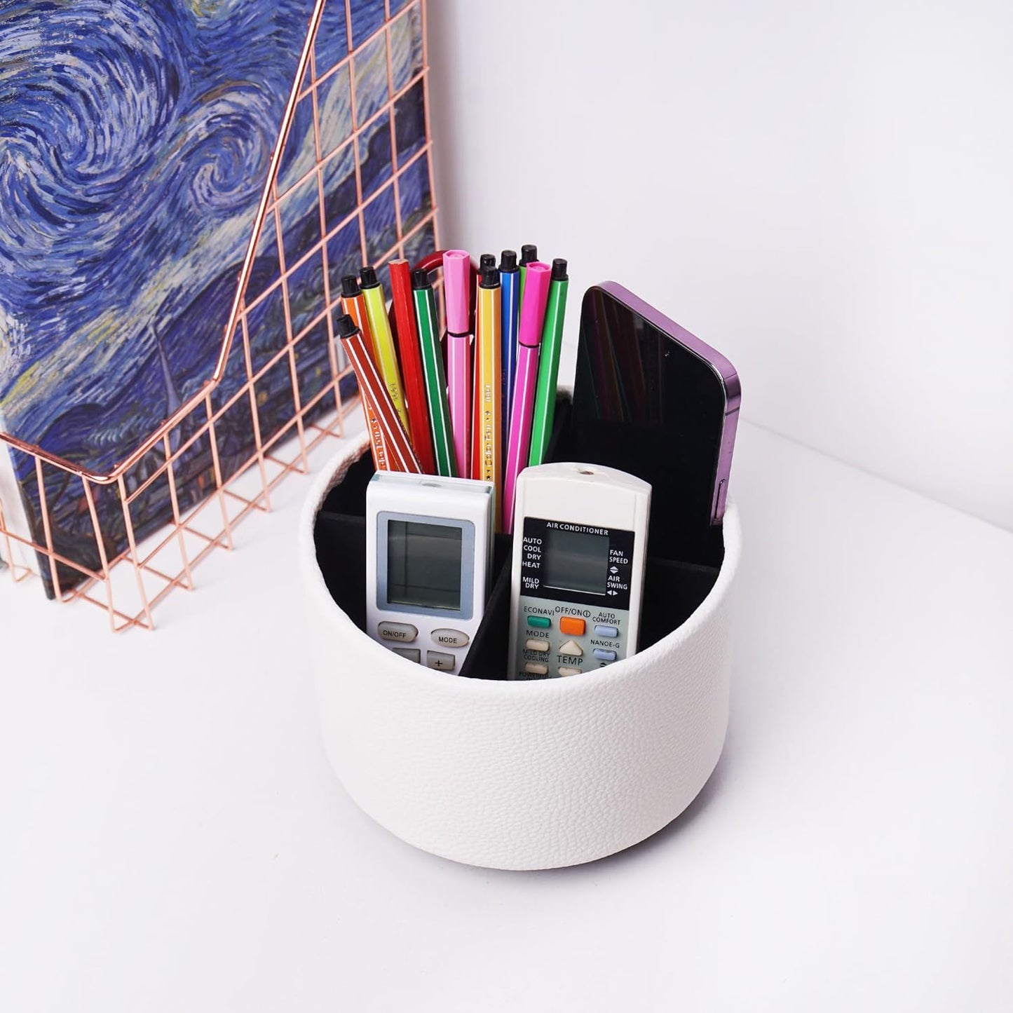 Hennaja Round Leather Art Supply Organizer,Remote Control Holder,360 Degree Rotating,Multi-Functional Pencil Holder,4 Compartments Desktop Stationary Organizer(1-Blue Bird) - Colors A