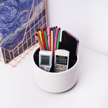 Hennaja Round Leather Art Supply Organizer,Remote Control Holder,360 Degree Rotating,Multi-Functional Pencil Holder,4 Compartments Desktop Stationary Organizer(1-Blue Bird) - Colors A