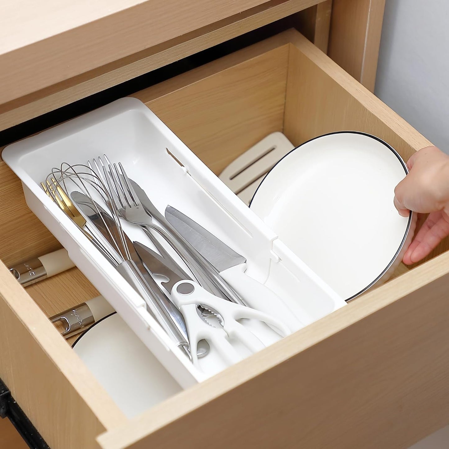 1 Pack Deep Drawer Organizer Bins, Sliding Drawer Organizer Bin Expandable and Adjustable Tray for Kitchen Utensils, Towels, BBQ Tools, Durable Plastic Sliding for Easy Storage (12.4-17.7")