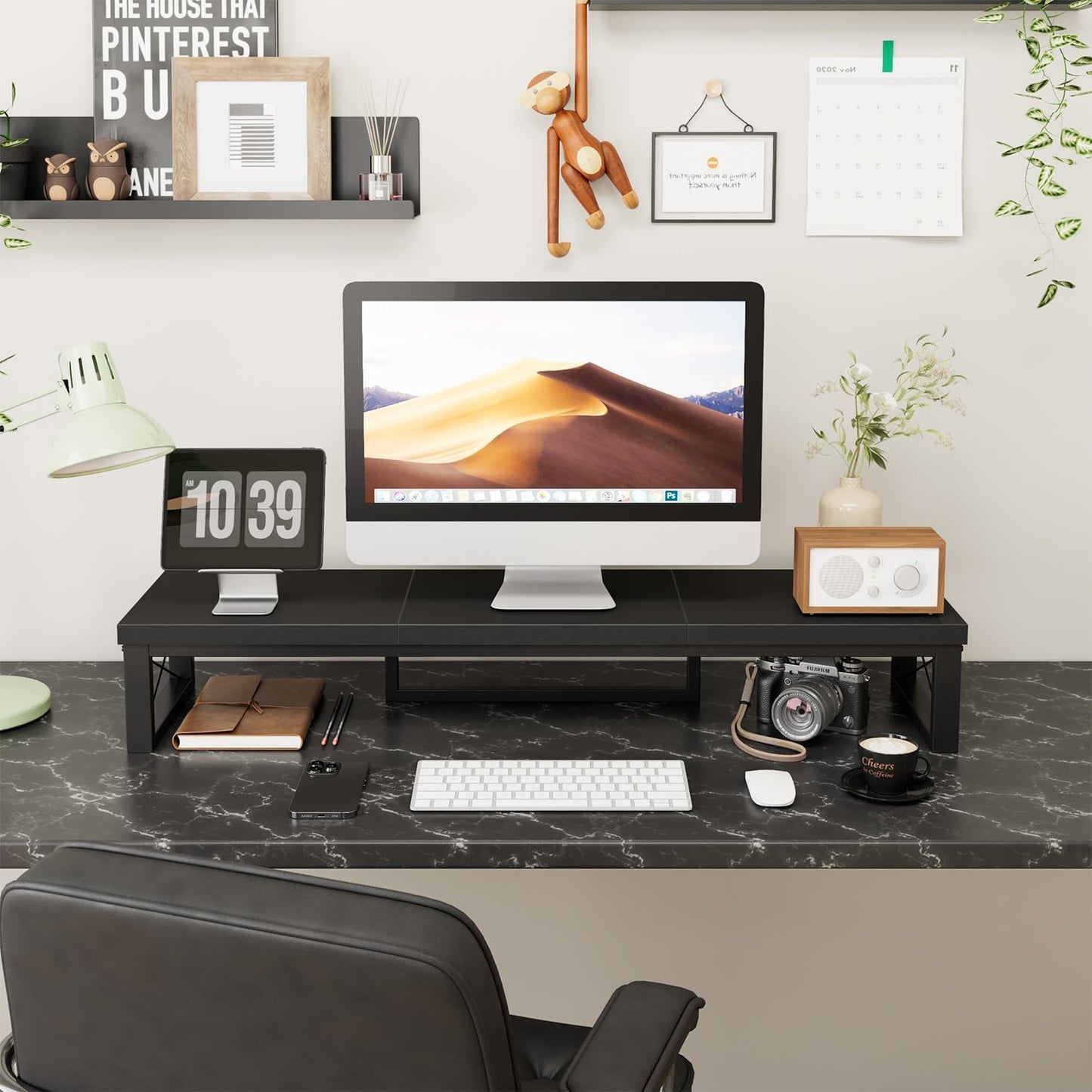 IBUYKE Large Dual Monitor Stand Riser for 2 Monitors, Wooden Desktop Computer Monitor Stand Storage Shelf and Steel Legs,Dual Screen Office Desk,Monitor Riser for Computer, Printer,Laptop,TV,Black UTDJ002B