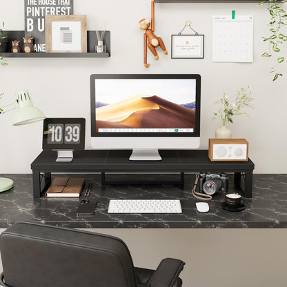 IBUYKE Large Dual Monitor Stand Riser for 2 Monitors, Wooden Desktop Computer Monitor Stand Storage Shelf and Steel Legs,Dual Screen Office Desk,Monitor Riser for Computer, Printer,Laptop,TV,Black UTDJ002B