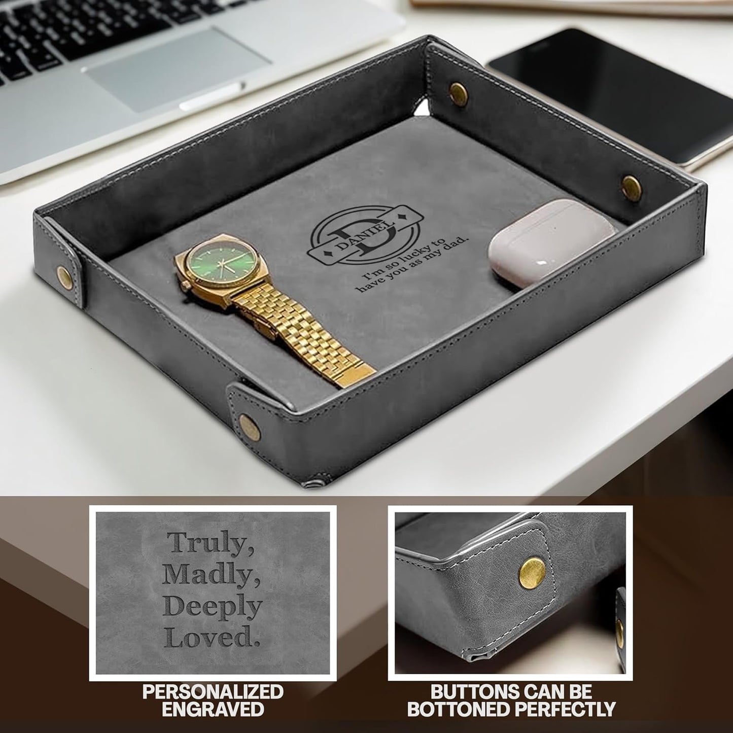 Engraved Leather Valet Tray for Men – Personalized Catchall with Custom Name for Desk, Dresser, Nightstand – Men's Organizer Tray for Keys, Wallet, Jewelry, Personalized Gift for Home, Office - Coffee