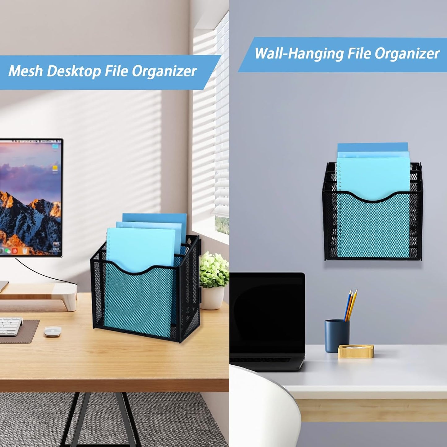 Metal Desktop File Organizer with 3 Vertical Compartments Wall Mounted Mail Paper Document Folder Holder Magazine Storage Rack for Home Office Classroom,Black