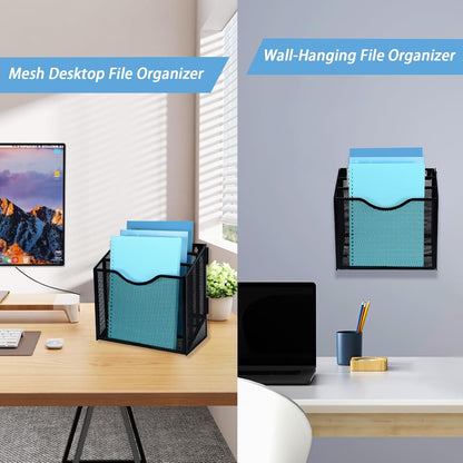 Metal Desktop File Organizer with 3 Vertical Compartments Wall Mounted Mail Paper Document Folder Holder Magazine Storage Rack for Home Office Classroom,Black