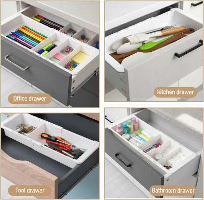 2Pcs Expandable Sliding Drawer Tray with Adjustable Dividers, White Plastic Deep Desk Drawer Dividers Organizers Expandable 11.4 to 18.1 Inches For Utensils Office Bathroom Bedroom Kitchen