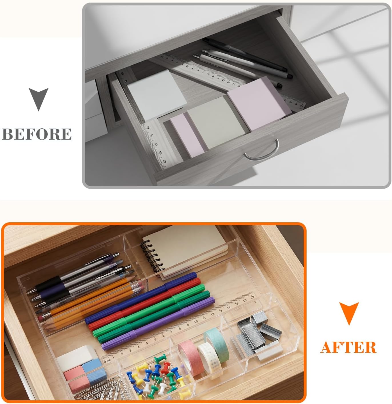Large Acrylic Desk Deep Drawer Organizer with Adjustable Dividers, Anti-skip Clear Desk Top Junk Drawer Storage Tray for Pens, Desktop, Office, Bathroom, Kitchen, Makeup Supplies(7 Compartments)