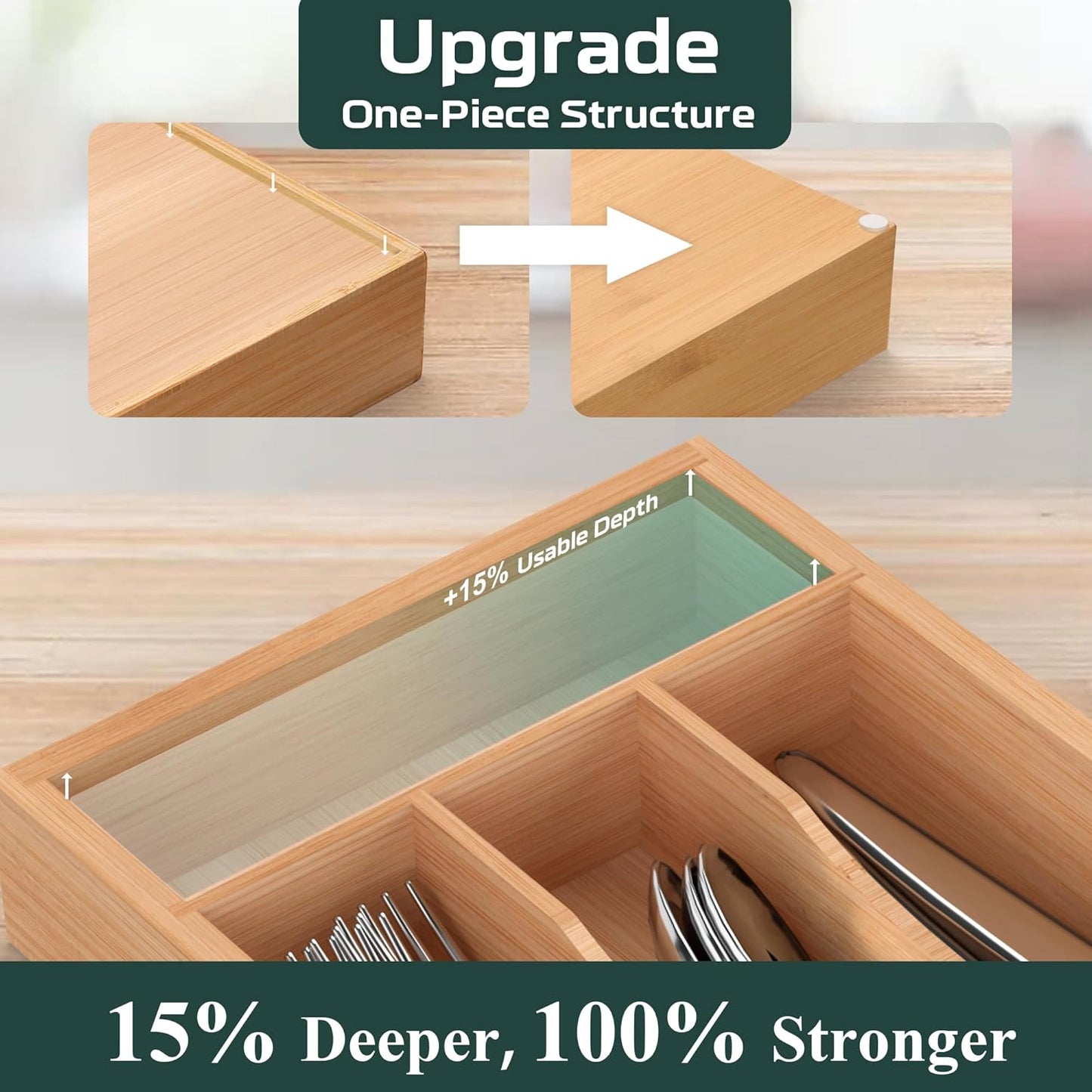 Small Silverware Organizer, Bamboo Kitchen Drawer Organizer, Utensil Holder, Cutlery Tray & Spoon Flatware Storage with Grooved Drawer Dividers (6.7''W x 12''D)