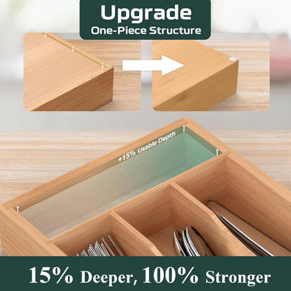 Small Silverware Organizer, Bamboo Kitchen Drawer Organizer, Utensil Holder, Cutlery Tray & Spoon Flatware Storage with Grooved Drawer Dividers (6.7''W x 12''D)