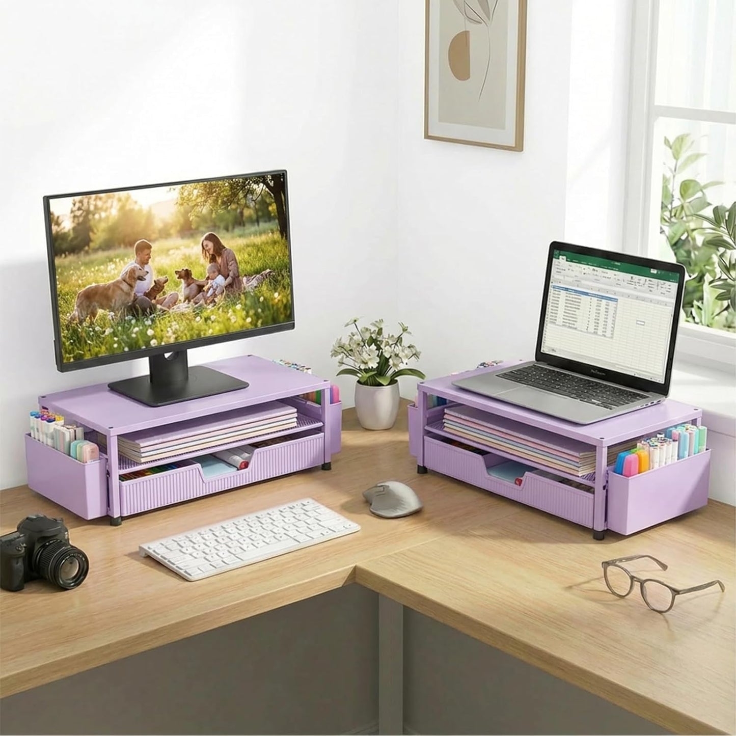 ECOLOVI Desk Organizer and Accessories, 2-Tier Computer Monitor Stand Rise with Storage Drawer & 2 Pen Holders, Laptop & Printer Stand for Desktop, Workspace Organizers for Office Supplies (Blue)