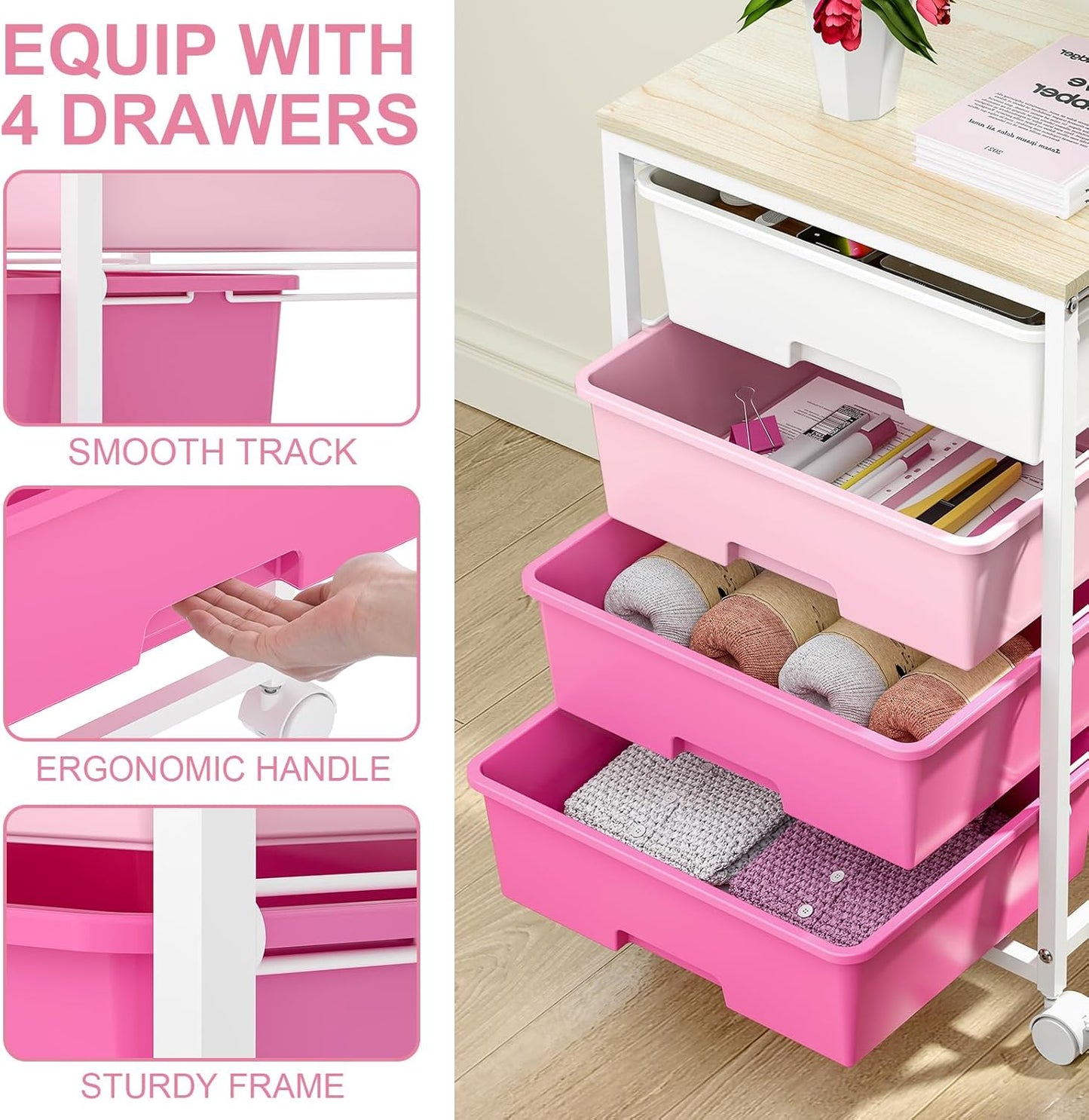 SYKIARIOL Utility Cart with 4 Drawers, Multipurpose Rolling Storage Cart with 4 Drawers and 2 Lockable Wheels, 4-Tier Rolling Storage Cart Organizer for Home Office Dorm, Bright White