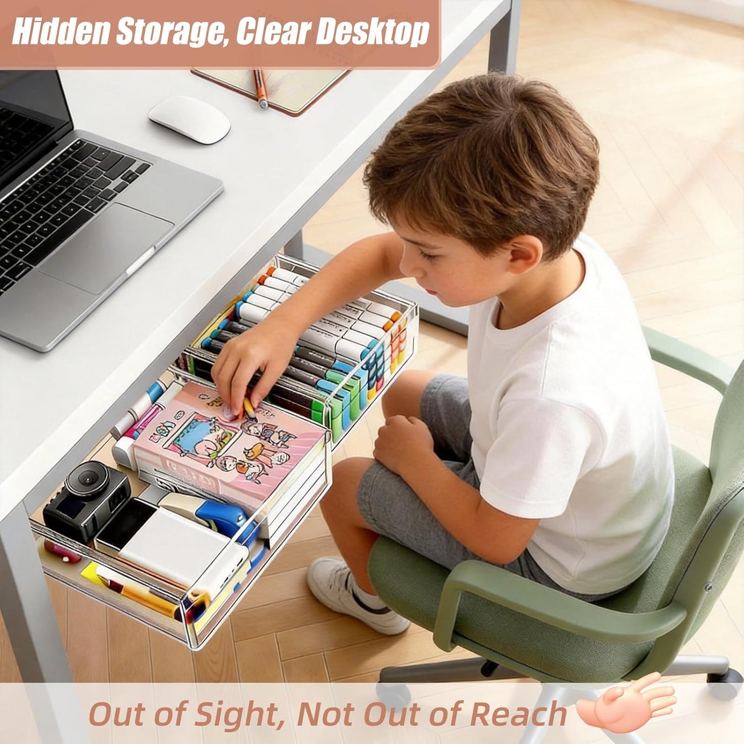 TooCust 3 Pack Under Desk Drawer Slide Out Storage Organizer, Clear White 3 Sizes (S/M/L), Dual-Mount Hidden Table Tray for Tablets, Planners & Office Supplies