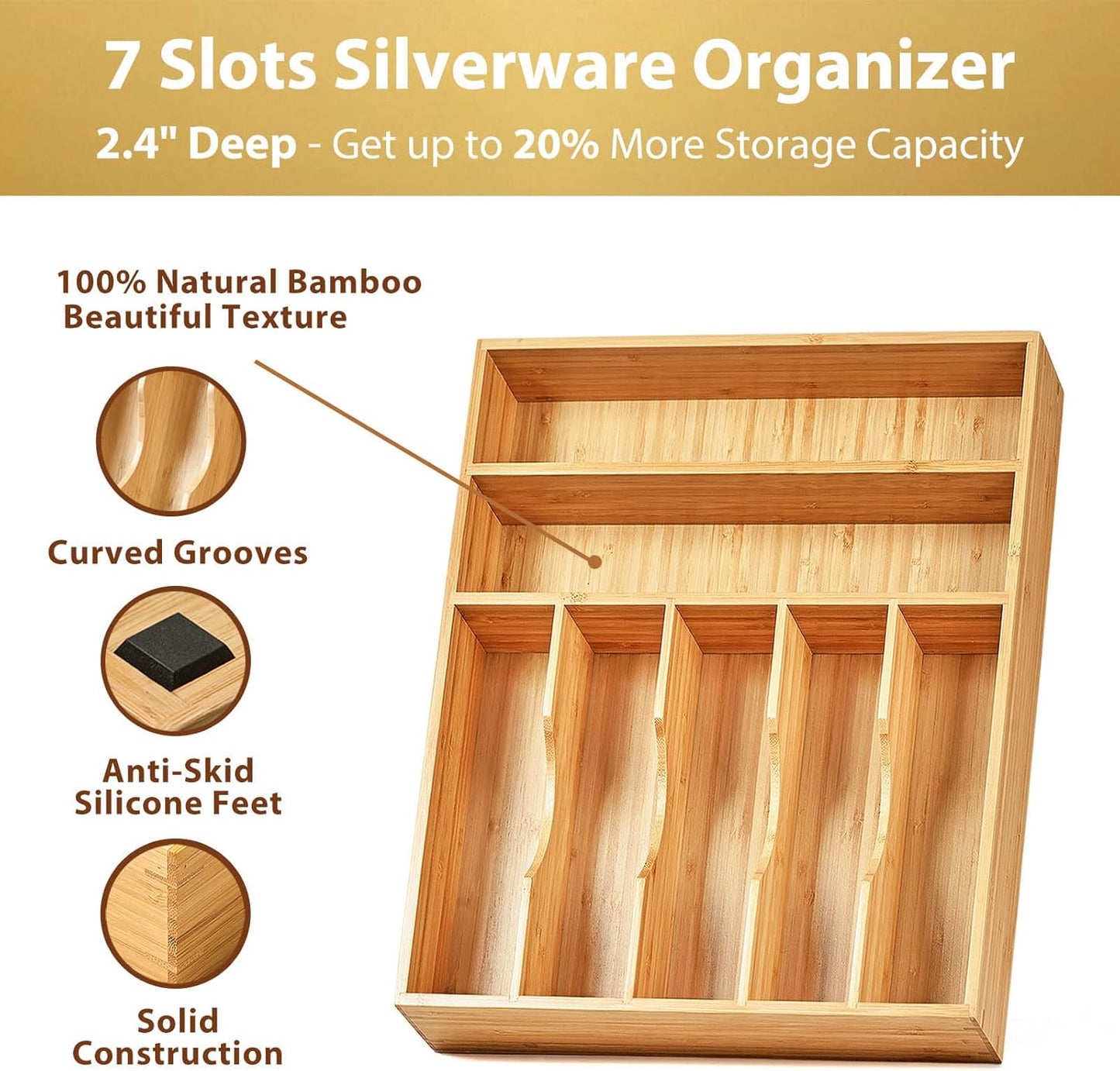 Umilife Bamboo Kitchen Drawer Organizer, 13 Inch Silverware Utensil Tray Holder, Extra Deep Grooved Drawer Divider, 7 Slots Total Bamboo Wood Caddy for Flatware Cutlery Knives, Forks, Spoons