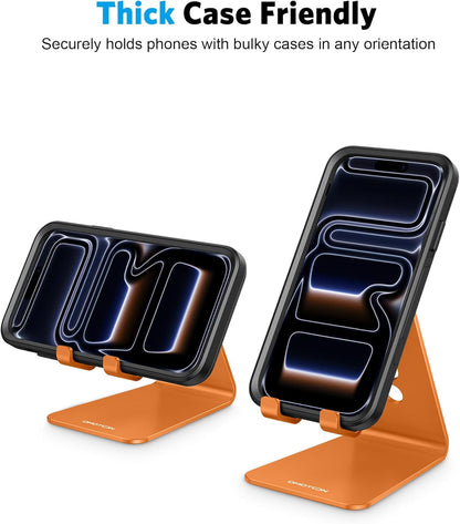 Adjustable Cell Phone Stand, OMOTON Aluminum Desktop Cellphone Stand with Anti-Slip Base and Convenient Charging Port, Fits All Smart Phones, Silver