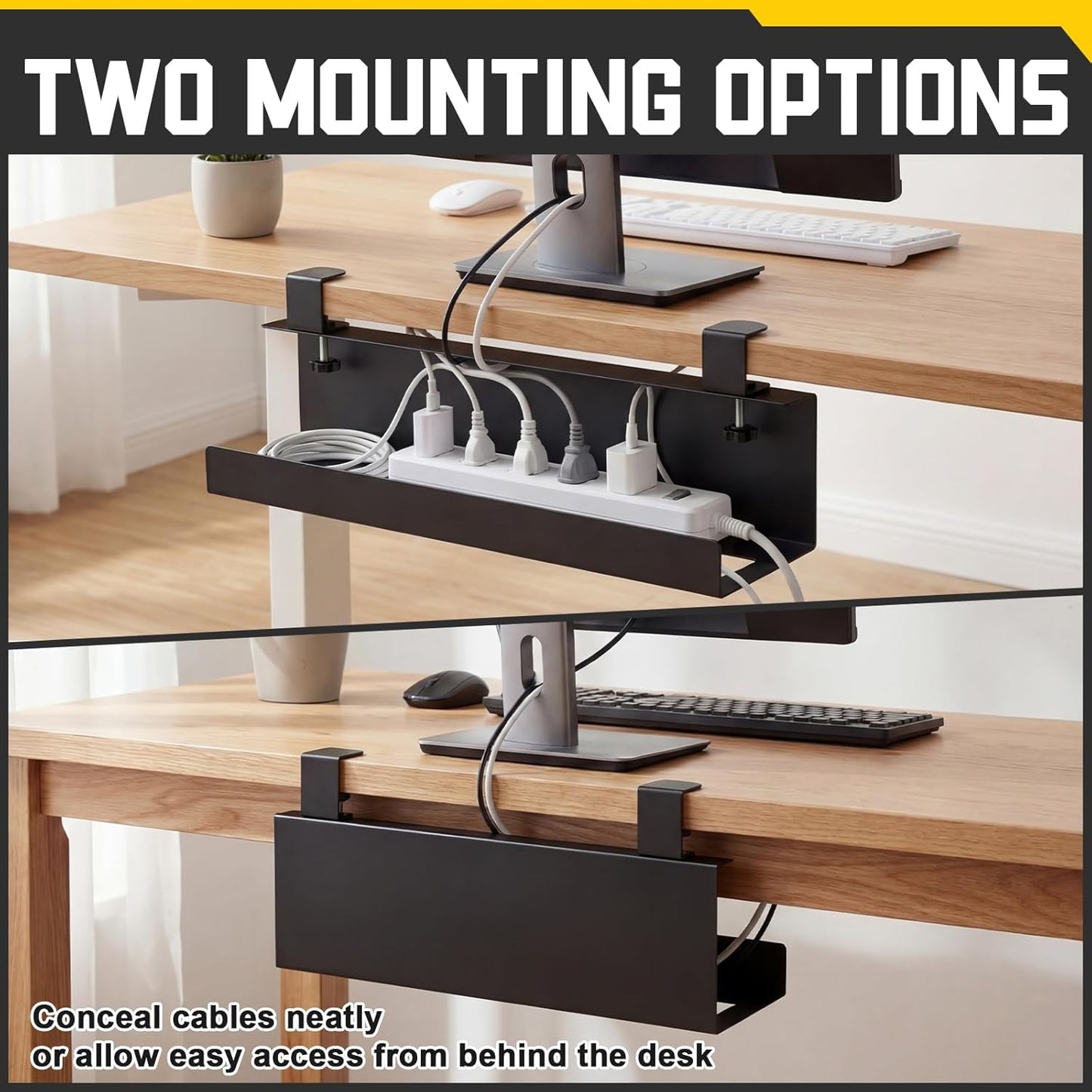 16×5×3 Inch No Drill Clamp-on Power Strip Cable Management Tray Under Standing Desk Steel Cable Organizer Wire Cord Tamer for Office, Home, Garage(Black)