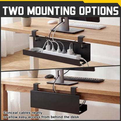 16×5×3 Inch No Drill Clamp-on Power Strip Cable Management Tray Under Standing Desk Steel Cable Organizer Wire Cord Tamer for Office, Home, Garage(Black)