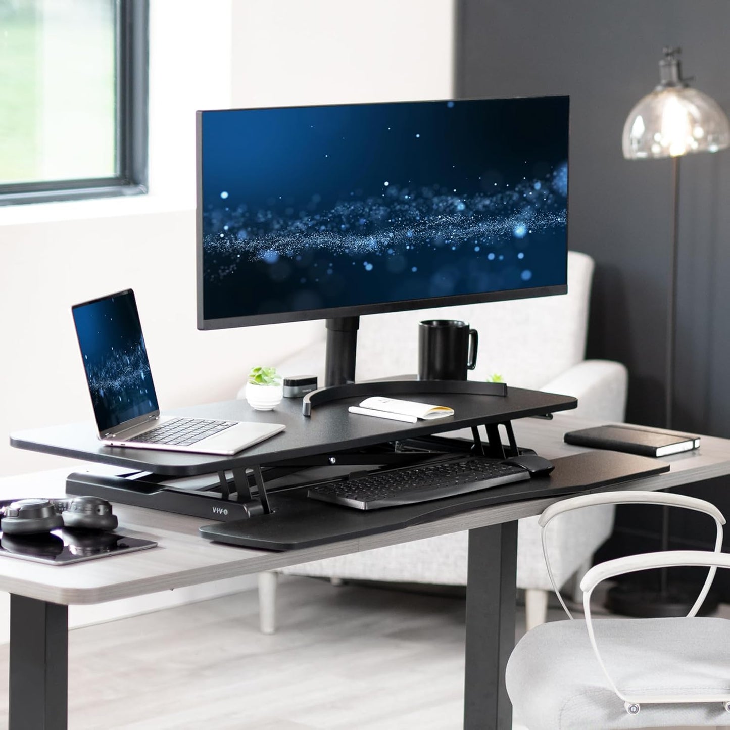 VIVO 26 inch Desk Converter, K Series, Height Adjustable Sit to Stand Riser, Dual Monitor and Laptop Workstation with Keyboard Tray, Black, DESK-V026KB