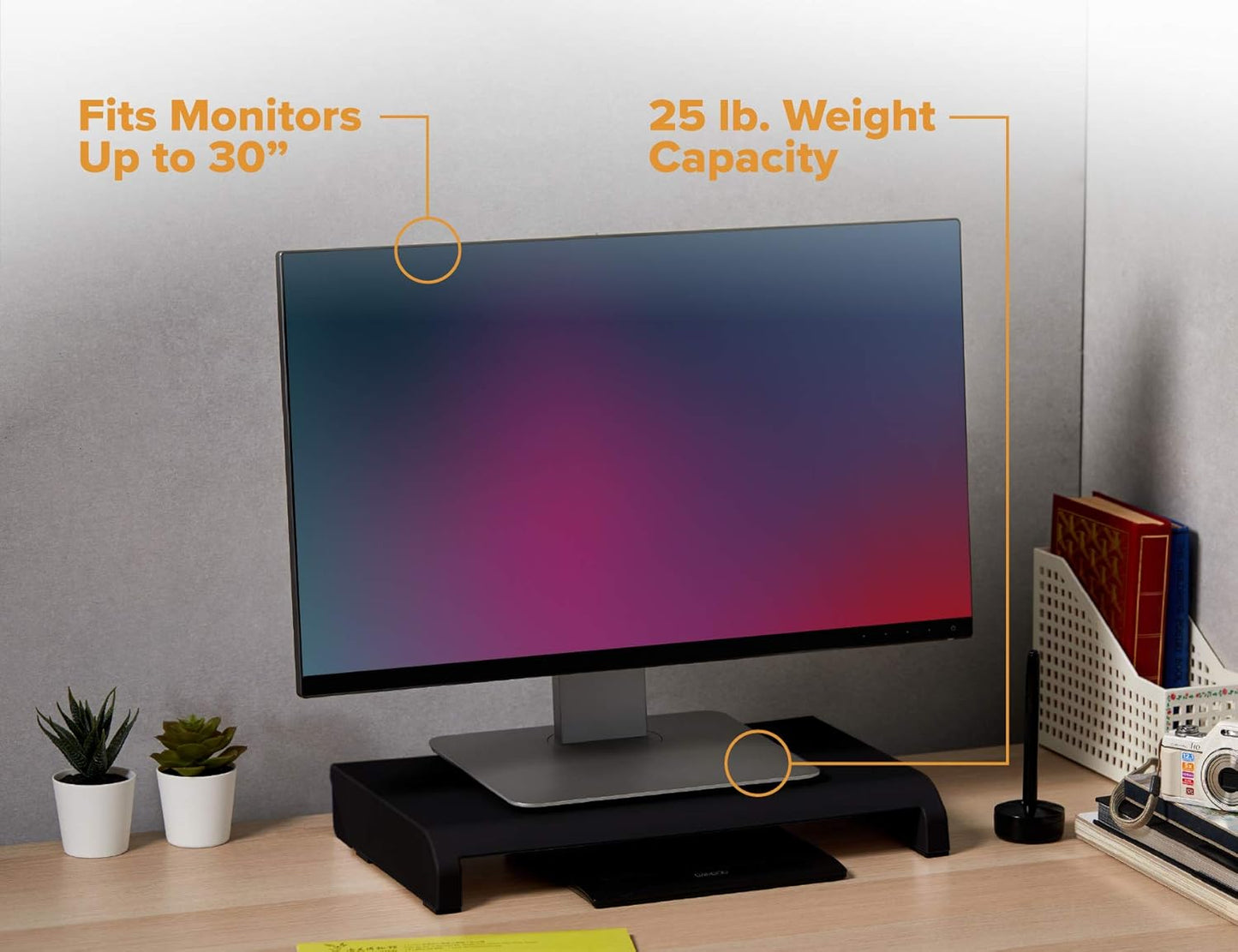 Bostitch Office Konnect Adjustable Monitor Stand Riser, 4 Height Adjustments, Built-In Cable Management, Rubber Feet - Black