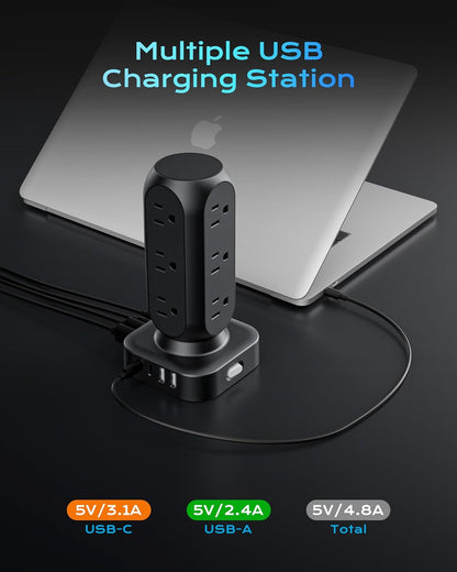 Flat Plug Power Strip Tower 10FT, 40W Total Fast Charging Station, Dual PD 20W USB-C Surge Protector with 12 AC Outlets and 8 USB Ports (4 USB C), Long Extension Cord for Home Office Dorm Room