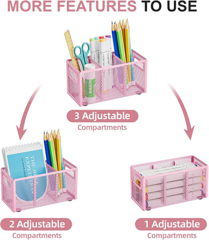 Marbrasse Mesh Pen Holder for Desk,Pencil Holder Desk Organizer 3 Adjustable Compartments,Pencil Cup with Handle Perfect for Classroom, Office, Home,Makeup,Art (Black)