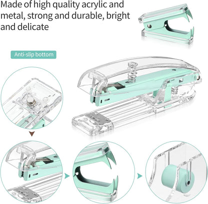Office Supplies Set Desk Accessory Kit, Acrylic Stapler Set Staple Remover, Tape Dispenser, Binder Clips, Paper Clips, Ballpoint Pen and Scissor with 1000 Pieces 26/6 Staples (Silver)