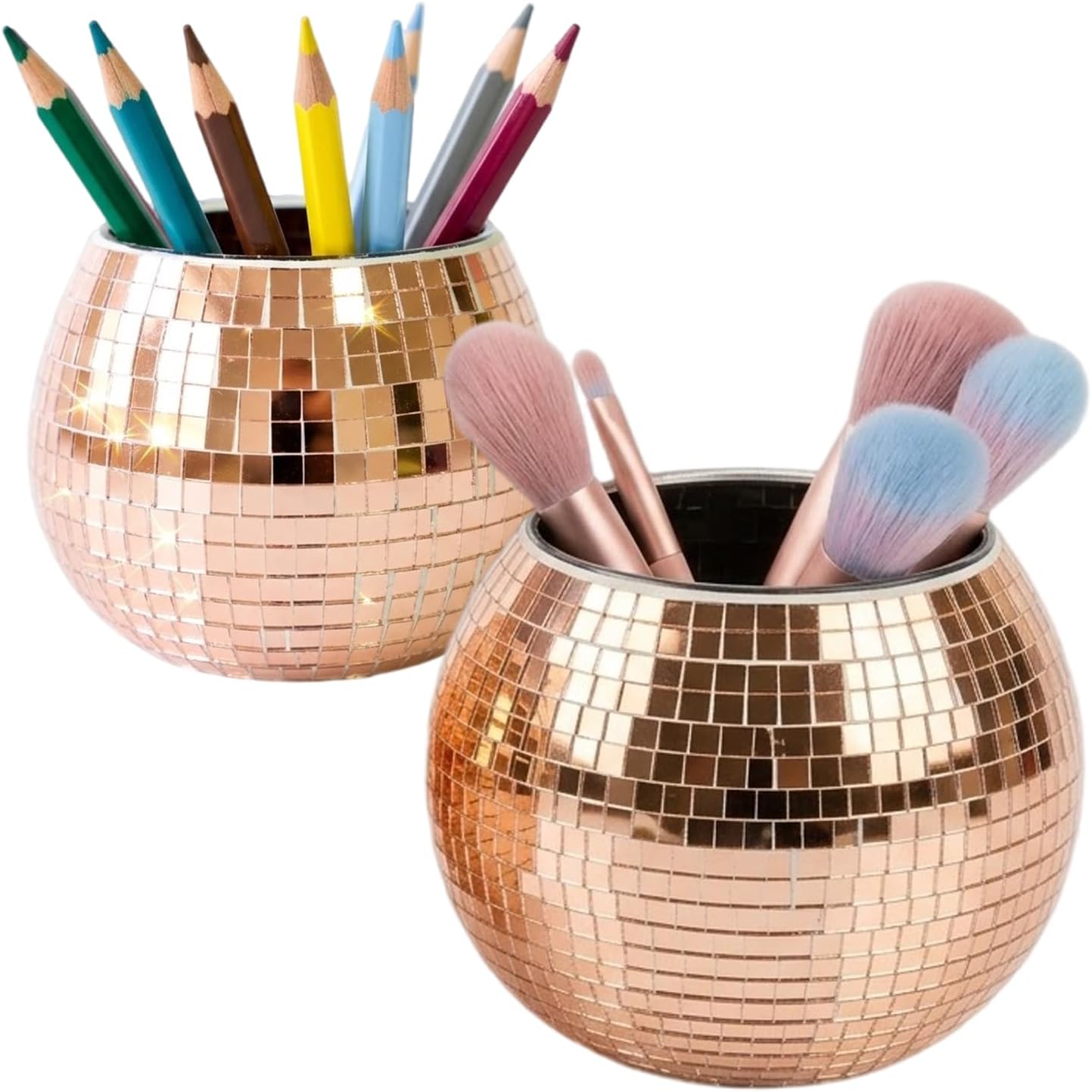 2 Pack Glass Disco Ball Makeup Brush with Smooth Grouting - Premium Mirror Mosaic Pencil Cup for Desk, Cute Pen Holder, Aesthetic Room Decor Gift (Iridiscente)