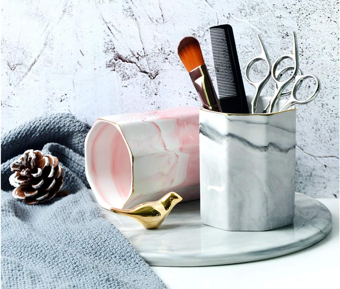 WAVEYU Ceramic Pen Holder for Desk Cute, Pencil Cup Pot Desk Organizer, Makeup Brush Holder for Women, Men, Kids, Desk Marble Decor for Office, Classroom, Home, Gray Golden