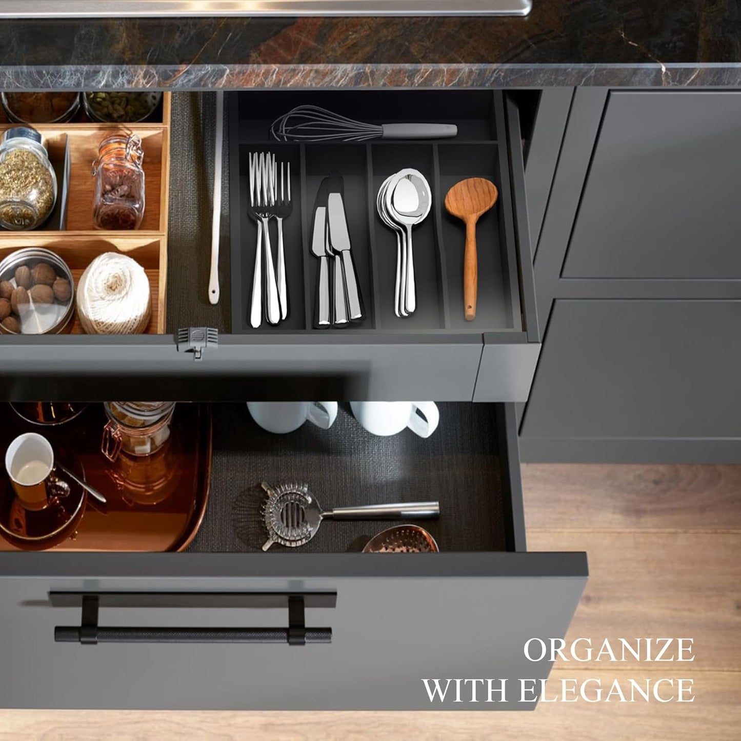 Small Silverware Organizer, Bamboo Kitchen Drawer Organizer, Utensil Holder, Cutlery Tray & Spoon Flatware Storage with Grooved Drawer Dividers (6.7''W x 12''D)