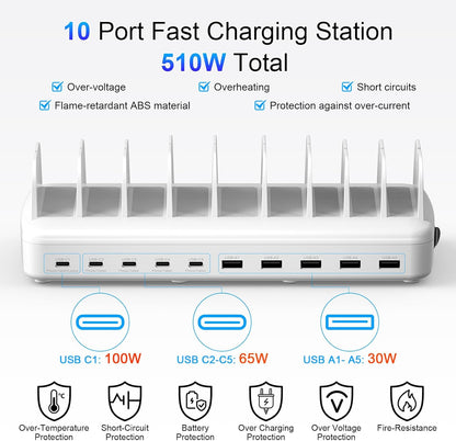510W Fast Charging Station for Multiple Devices, 10 Port USB C Charger Station with Flame-Retardant Material & 8 Cables for iPhone, Android, iPad, Tablets, Family Office Desk Charging Dock Organizer