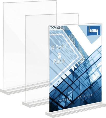 Lechay 3 Pack Acrylic Sign Holder, 8.5 x 11 inches Clear Table Menu Display Stand Desktop Display Stand Paper Holder Table Top Sign Holder Suitable for Restaurants, Office, Home, Store