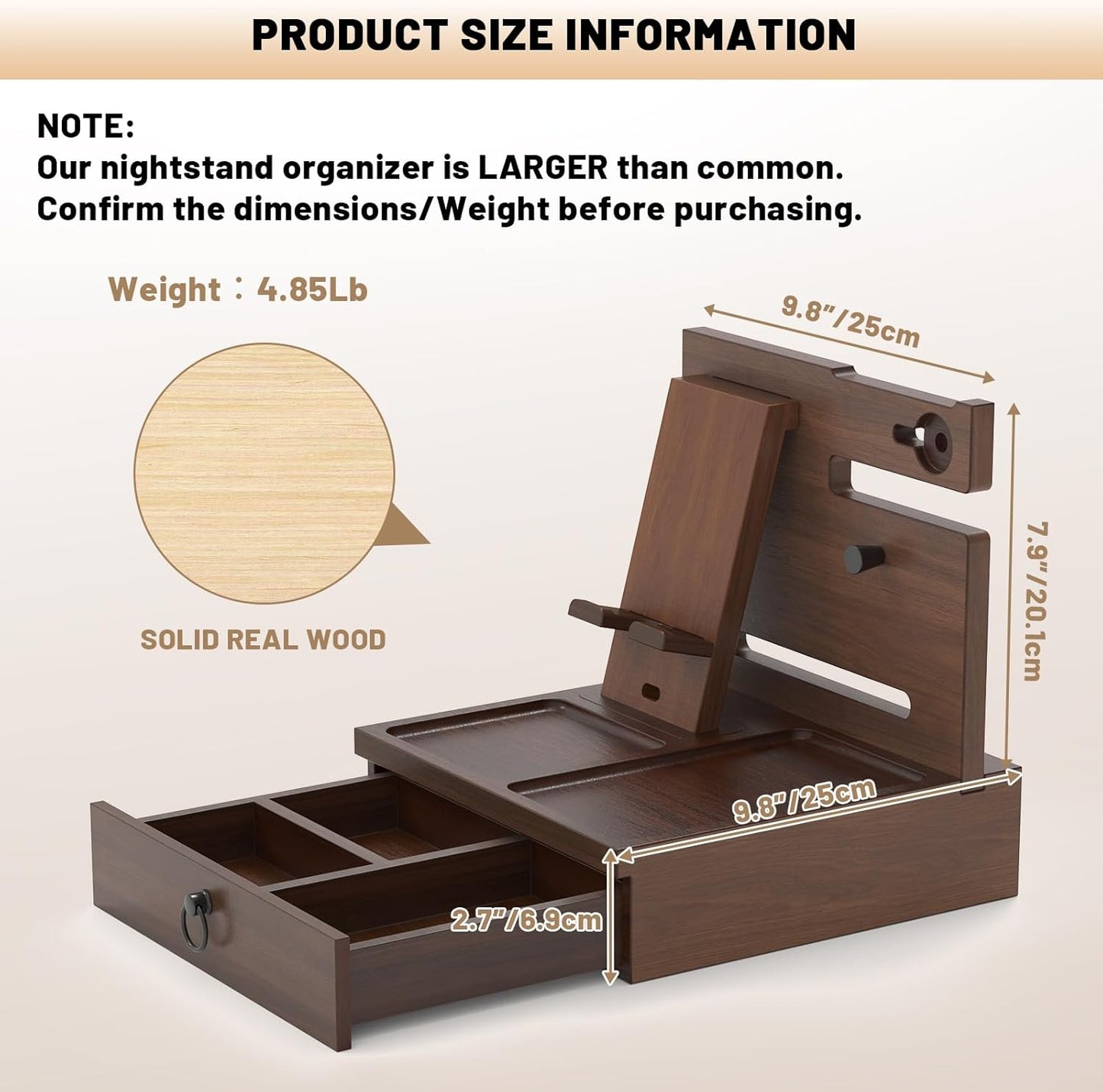 Wood Phone Docking Station with USB Ports and Outlets, Nightstand Organizer with Charging Station, Bedside Organizer with Drawer for Watch & Accessories, Christmas Anniversary Birthday Gifts for Men