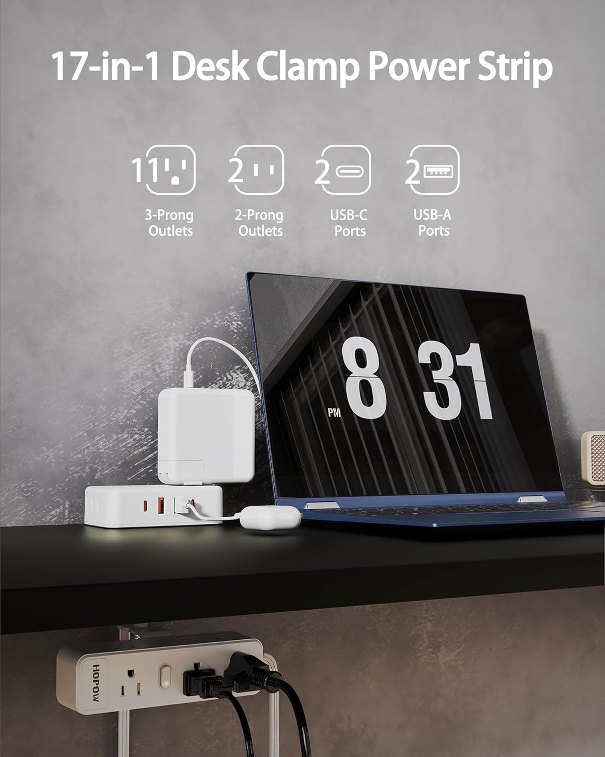 HOPOW Dual Layer Desk Clamp Power Strip, Desktop Edge Mount Charging Station with 13 Outlets 4 USB Ports (2 USB C), Under Desk Surge Protector(1700 Joules), 10 Ft Extension Cord for Office Home