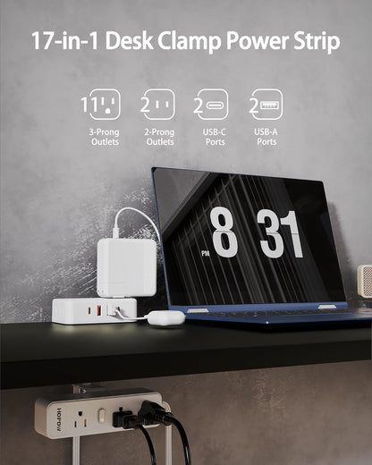 HOPOW Dual Layer Desk Clamp Power Strip, Desktop Edge Mount Charging Station with 13 Outlets 4 USB Ports (2 USB C), Under Desk Surge Protector(1700 Joules), 10 Ft Extension Cord for Office Home