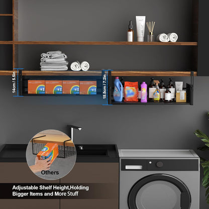 AmonHouseware 2Pack Under Shelf Basket, Adjustable Hanging Under Cabinet Shelf Storage, Hanging Holder Length Stretchable 14.9-22.6Inch for Kitchen Pantry Desk Counter Bookshelf Cupboard (Black)