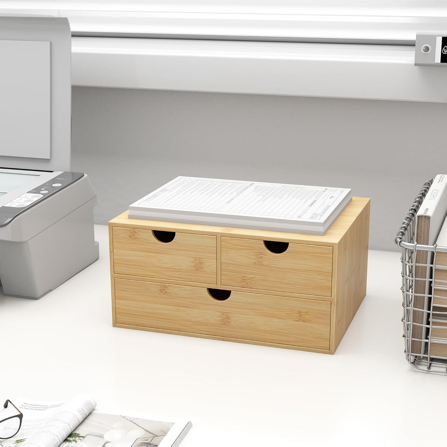 Wisuce Bamboo Desk Drawer Organizer, 3 Drawer Desktop Organizer with Drawers Tabletop Storage Organization Box for Office Home Toiletries Supplies Vanity, No Assembly Required