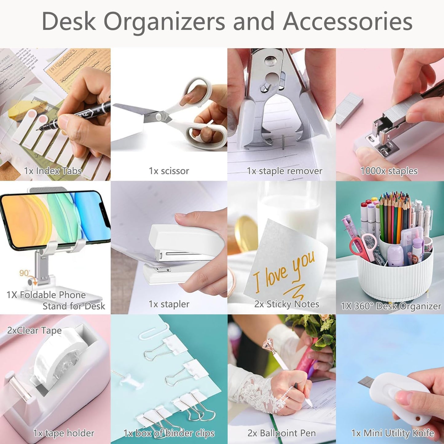 suniya Office Supplies,Gold Desk Accessories,with Stapler,Tape Dispenser,Pen Holder,Scissors,Phone Stand,Staple Remover,Ballpoint Pen,Clear Tape, Staples,Ruler,Clips,Best Gift for Business or Boss