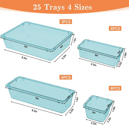 SpaceHacks 25 PCS Plastic Drawer Organizer Set, 4-Size Versatile Organizer Tool Trays & storage Bins for Makeup, Jewelry, and Gadgets in Bathroom, Bedroom and Office,Clear Black