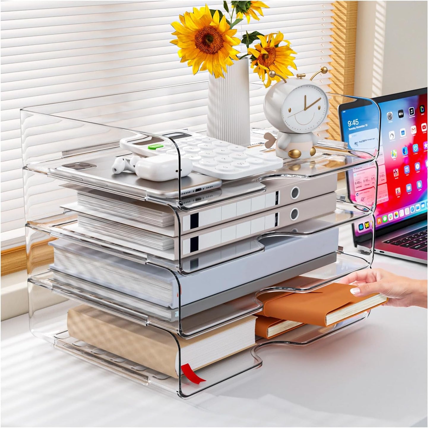 Paper Organizer Letter Tray - Acrylic Stackable Desk File Organizer with 5-Gird Tray and Pencil Holder, Clear File Organizer for Desk, Office Organizer for File Paper, Ipad, Letter, Small Item Etc