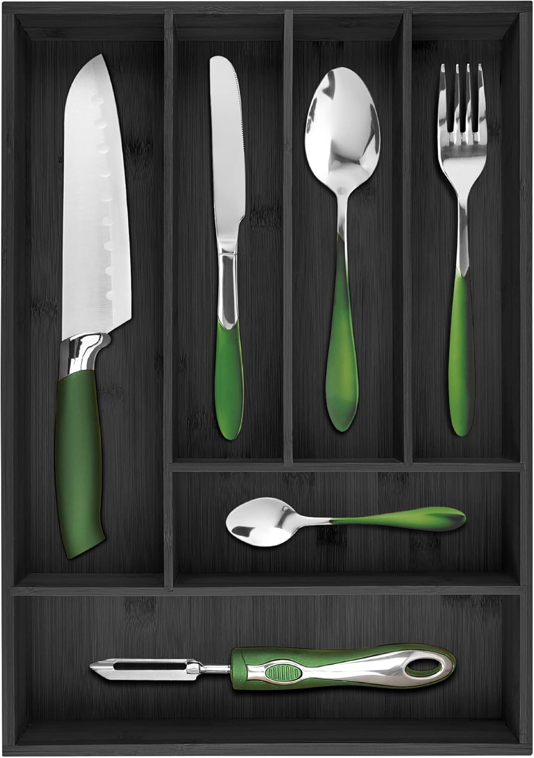 Pristine Bamboo Expandable Drawer Organizers for Kitchen - Extra Deep Non-Slip 17” x 14.6” (expands up to 25 inches) - Dark Wooden Silverware Divider (10 Compartments) – Organize Cooking Utensils