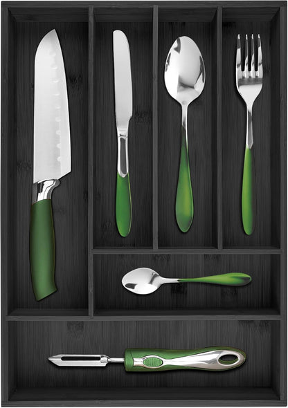 Pristine Bamboo Expandable Drawer Organizers for Kitchen - Extra Deep Non-Slip 17” x 14.6” (expands up to 25 inches) - Dark Wooden Silverware Divider (10 Compartments) – Organize Cooking Utensils