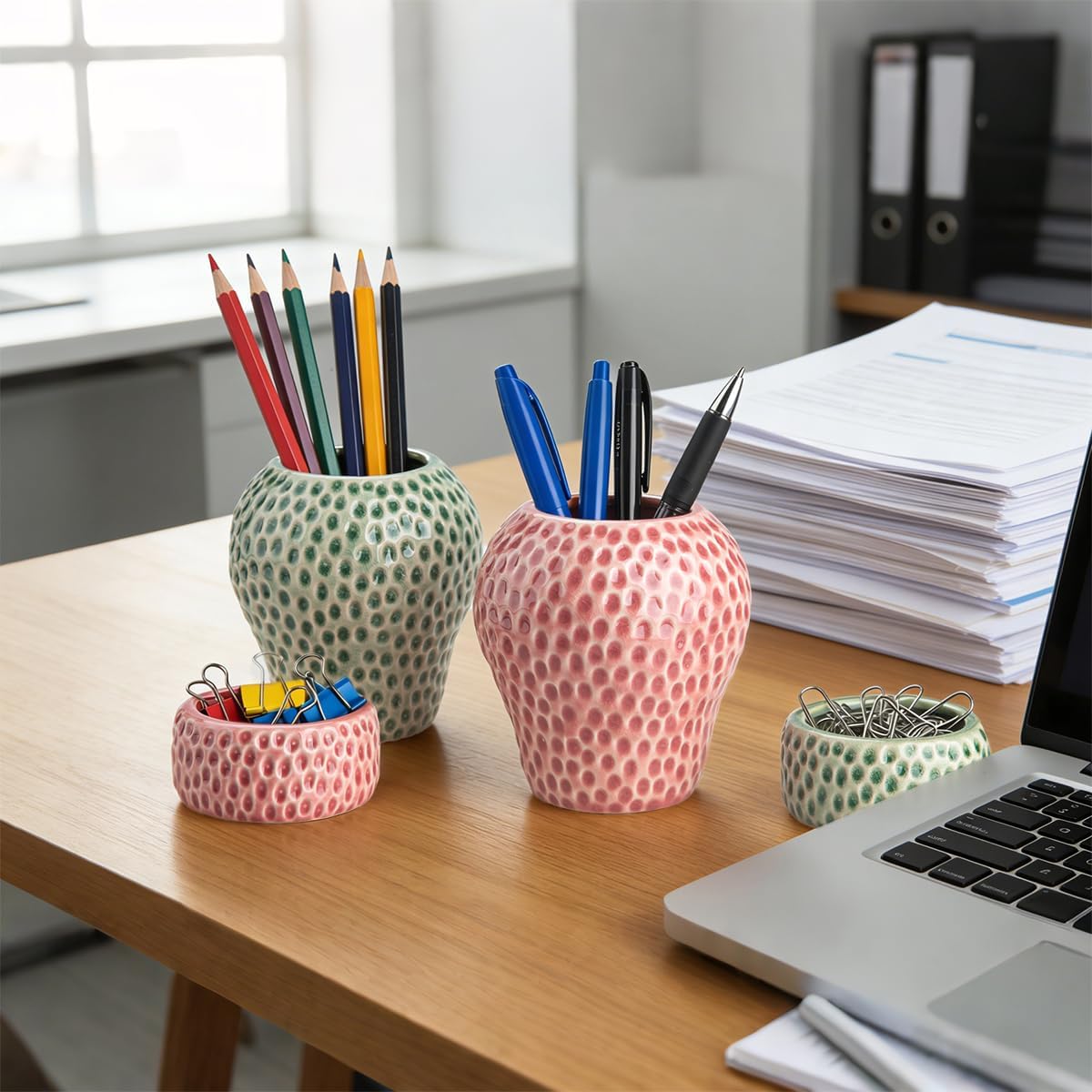 Ceramic Paper Clip Holder, Strawberry Pen Holder Set, Desktop Aesthetic Creative Storage Set of 2, Office Home Decor(Red)